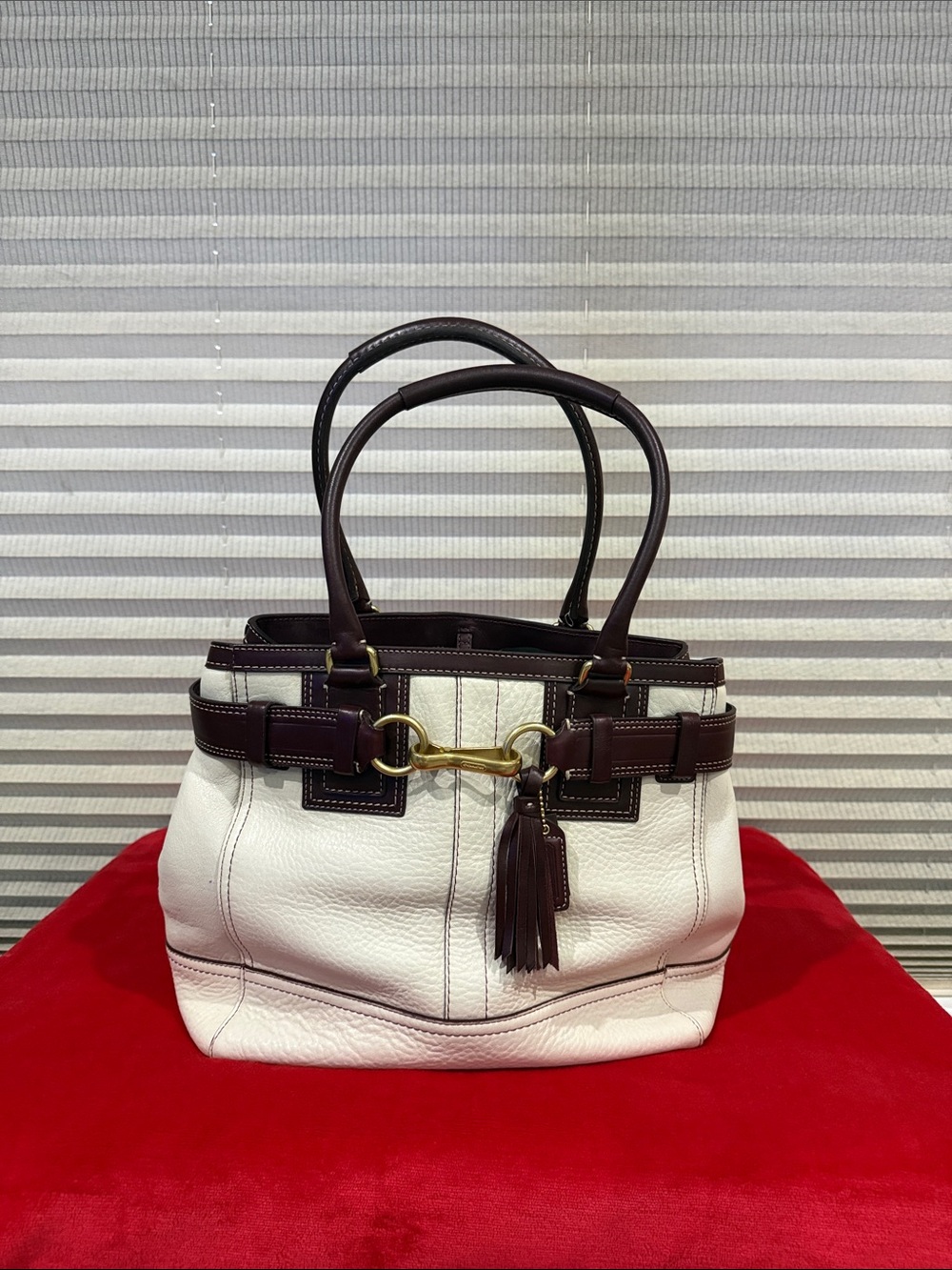 Coach Cream Leather Shoulder Bag with Dark Brown Trim and Gold Hardware